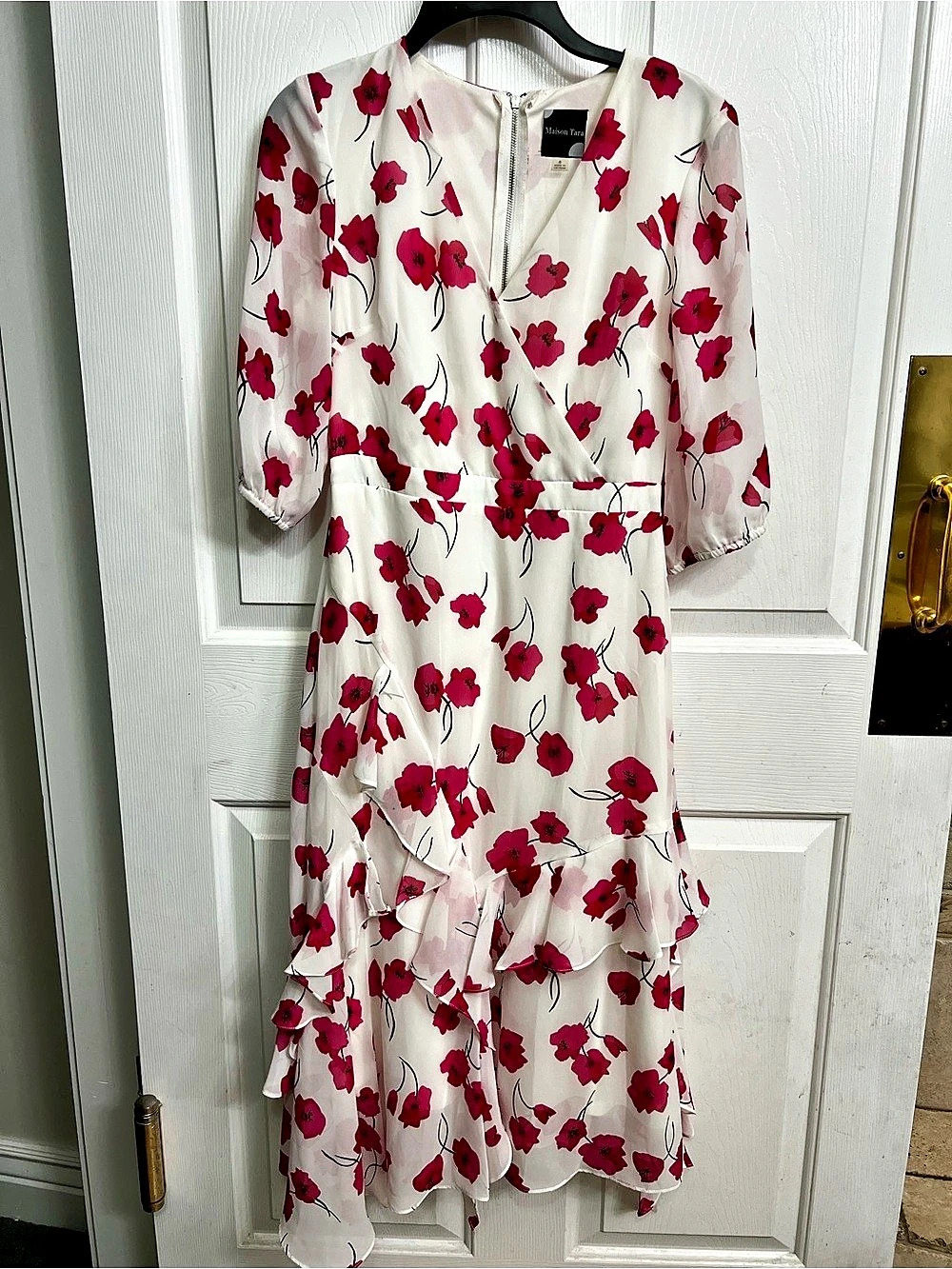 Maison Tara Floral Ruffle Midi Dress in Pink Size 6